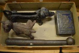 Amusing cast iron door stop, a dog boot scraper and other items.