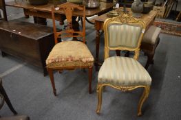 A gilt wood occasional chair and an inlaid satin wood chair.