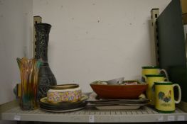 Decorative china and glass to include a graduated set of jugs decorated with chickens.