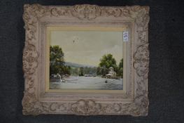 Bryan Hanlon, rowing scenes at Henley, oil on board in decorative frames, set of three.