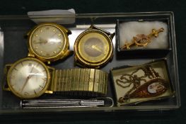 A gold stone and micromosaic pendant and chain together with a gold brooch, three wristwatches and a