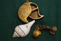 An Islamic metal spice box with hinged cover and another item.