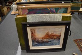 A collection of large paintings and prints and a frame.