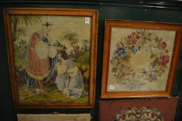 A collection of embroideries, some framed and glazed.