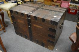 Metal bound oak silver chest.