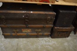 Large trunk, leather case and a wooden box containing miscellaneous items.