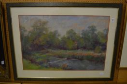 Rural river landscape, oil on paper.