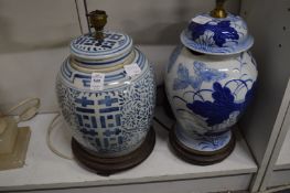 Two Chinese blue and white porcelain lamps, one badly damaged.
