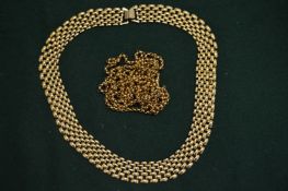A 9ct gold muff chain together with another curb link necklace, unmarked.