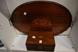 A rosewood writing slope and a mahogany twin handled tray.