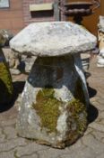 A good large staddle stone with weathered tapering square shaped support.