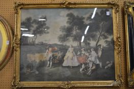 Figures gathered beneath trees in a woodland setting, colour print in a decorative gilt frame.