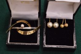 9ct gold and pearl brooch and two pairs of earrings.