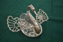 Cut glass and silver mounted swan shaped table salt.