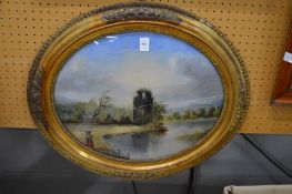 Figure carrying a basket on a river path with building beyond, reverse painting on glass, oval, in a