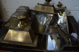Brass wall light fittings and similar hanging lantern.