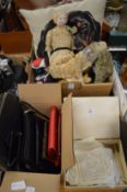 Lace handkerchiefs, various purses, porcelain doll and other items.