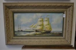 Sailing ships at sea, oil on canvas, in a decorative frame, a pair.