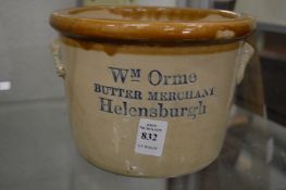 An earthenware storage jar impressed William Orme, Butter Merchant, Helensburgh.