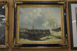 Sailing ship in a choppy sea with a dinghy sheltering in a harbour, oil on canvas, in a decorative