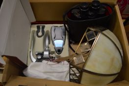 A pair of binoculars, lamp shade, cork screw set etc.