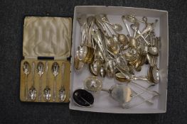Small silverware to include numerous teaspoons, mustard pot, cased set of six coffee spoons etc.