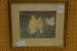 Juliet Jeffery, Chickens, watercolour, signed.