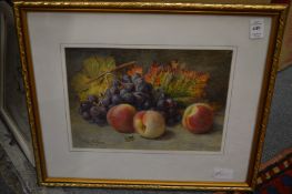 A L Holding, still life of fruit and a wasp, watercolour and five other pictures.