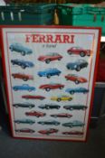 Ferrari, a legend, colour poster depicting various models of Ferrari cars together with another