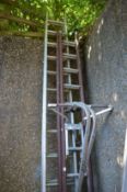An aluminium two section ladder, another two section ladder, a ladder stay and a pair of roof