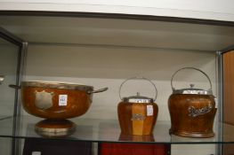 An oak salad bowl with porcelain interior and plated mounts together with a similar biscuit and