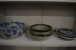 Quantity of blue and white bowls and dishes.