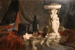 George Weissbort (1928-2013), a still life of a classical tazze with wine and a top hat, oil on
