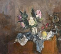 George Weissbort (1928-2013), a still life of flowers and other objects on a tabletop, oil on canvas