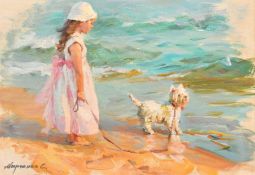 Sergey Marchenko (b. 1977), a young girl and her dog on a beach, oil on canvas, signed, inscribed