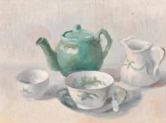 Circle of Dod Procter, still life of a green and white tea service, oil on canvas board, 12