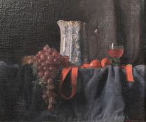 George Weissbort (1928-2013), a still life of grapes and a blue and white jug on a dark blue