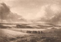 Norman Hirst, 'Ploughing on the Downs', mezzotint, signed and inscribed in pencil, 8