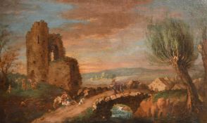 18th Century North Italian School, figures on a bridge at dusk with castle ruins nearby, oil on