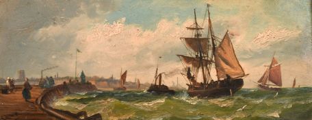 Circle of George Chambers, shipping approaching a harbour, oil on panel, indistinctly signed, 4.