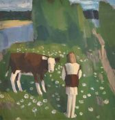 Valeri Masyokov (b. 1947), female figure and a cow in a landscape, oil on Board, 18.5