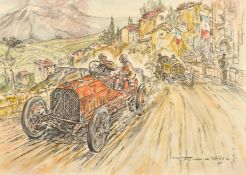 Manner of Crosby, cars racing through a mountain village, watercolour and pastel, bears signature,