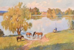 Vitaly Baranenko, children fishing by horses on the banks of a broad river, oil on canvas, signed,