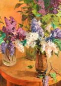 Roman Podobedov (1920-2003), still life with lilacs, oil on canvas, signed with initials, 40