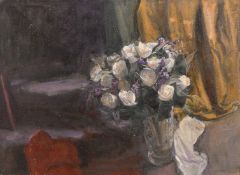 George Weissbort (1928-2013), a still life study of a flowers in a vase and other objects on a