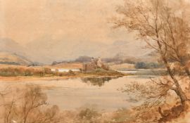 19th Century Scottish View, castle on a mountain loch, watercolour, 12