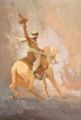 20th Century, an Arab figure on a horse holding aloft a falcon, oil on canvas, indistinctly