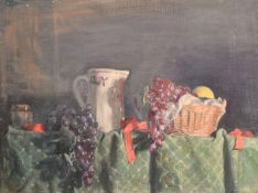George Weissbort (1928-2013), a still life study of a jug flanked by grapes, oil on canvas laid