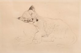 Henry George Gawthorn, 'Sleeping Leopard Cub', etching, gallery label verso, plate size 4.25