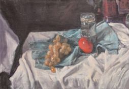 George Weissbort (1928-2013), a still life of objects on a white tablecloth, oil on canvas laid